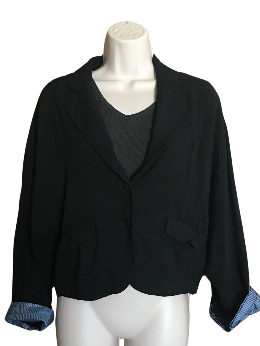 Free People Black Cropped Blazer Jacket Striped Cuffs Rayon Boho XS